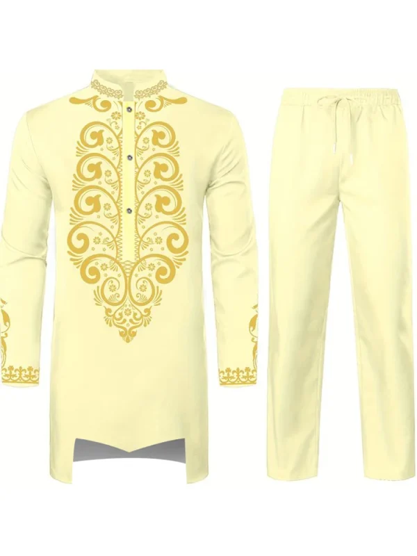 Tenue De Cérémonie Traditionnelle Masculine Jaune Clair Brodée D'or Luxe