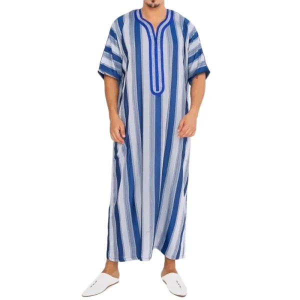 Qamis Homme Rayé Kaftan Court Tendance Style Saoudien Moderne